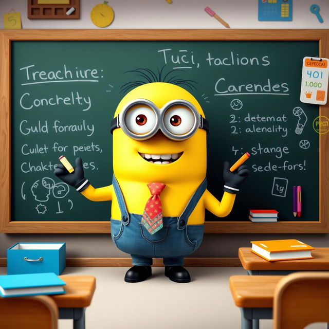 A cheerful Minion dressed as a teacher, standing in front of a blackboard writing a lesson