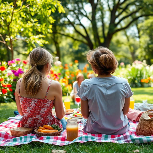 A beautiful garden setting with a group of people enjoying a picnic