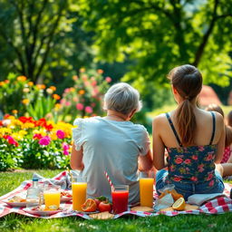 A beautiful garden setting with a group of people enjoying a picnic
