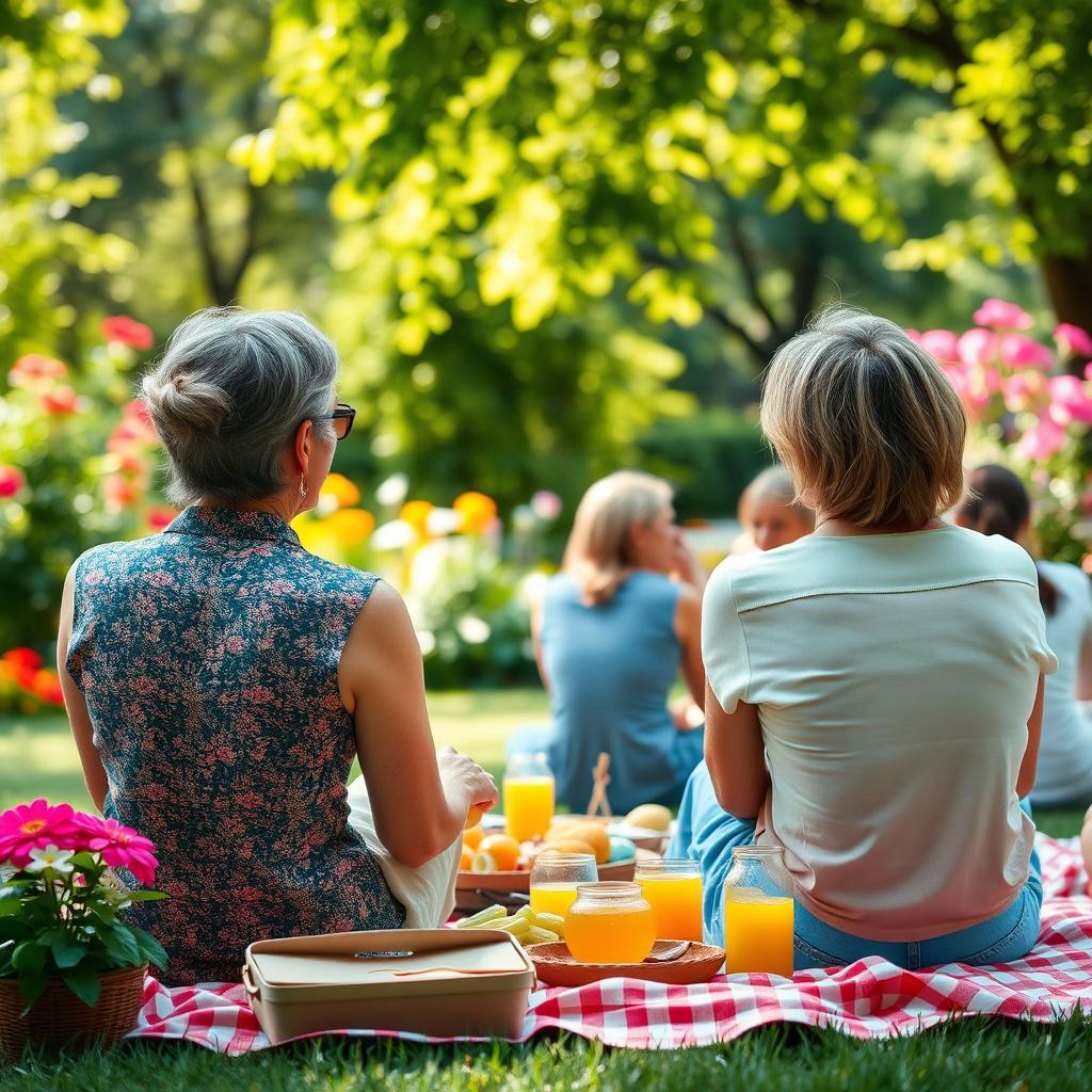 A beautiful garden setting with a group of people enjoying a picnic