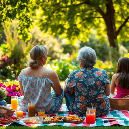 A beautiful garden setting with a group of people enjoying a picnic