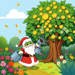 A whimsical illustration of Pepe the Frog dressed as Santa Claus, joyfully watering a large, lush tree that has golden coins and dollar bills growing from its branches