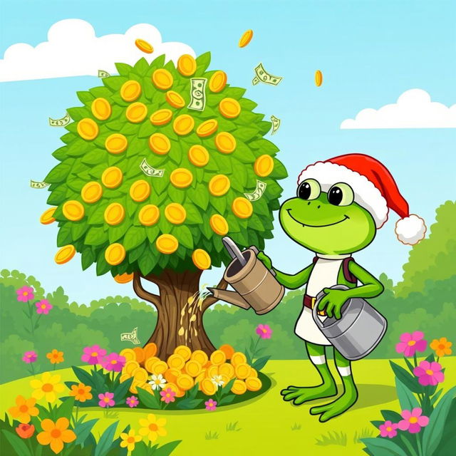 A whimsical illustration of Pepe the Frog dressed as Santa Claus, joyfully watering a large, lush tree that has golden coins and dollar bills growing from its branches