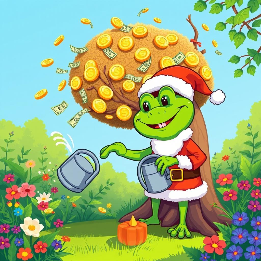 A whimsical illustration of Pepe the Frog dressed as Santa Claus, joyfully watering a large, lush tree that has golden coins and dollar bills growing from its branches