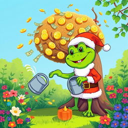 A whimsical illustration of Pepe the Frog dressed as Santa Claus, joyfully watering a large, lush tree that has golden coins and dollar bills growing from its branches