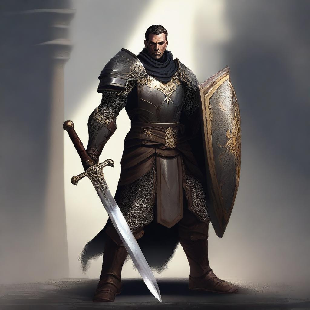 A high-resolution digital art image depicts a clean-shaven Oathbreaker human paladin