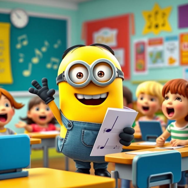 A cheerful Minion teacher energetically leading a singing class, with a big smile on its face