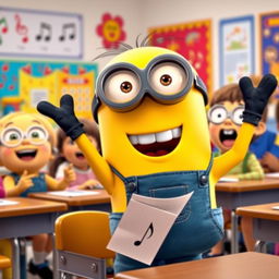 A cheerful Minion teacher energetically leading a singing class, with a big smile on its face