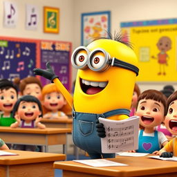 A cheerful Minion teacher energetically leading a singing class, with a big smile on its face