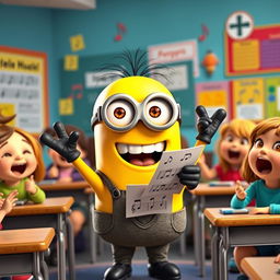 A cheerful Minion teacher energetically leading a singing class, with a big smile on its face