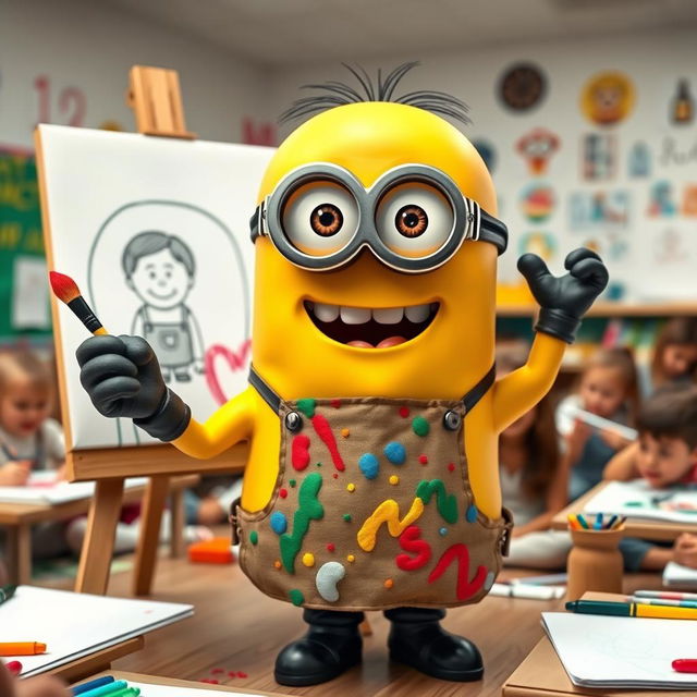 A cheerful Minion teacher enthusiastically leading an art class, demonstrating how to draw