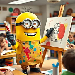 A cheerful Minion teacher enthusiastically leading an art class, demonstrating how to draw