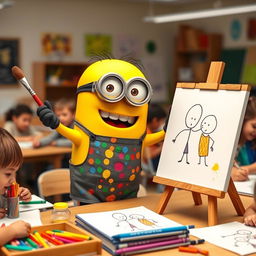 A cheerful Minion teacher enthusiastically leading an art class, demonstrating how to draw
