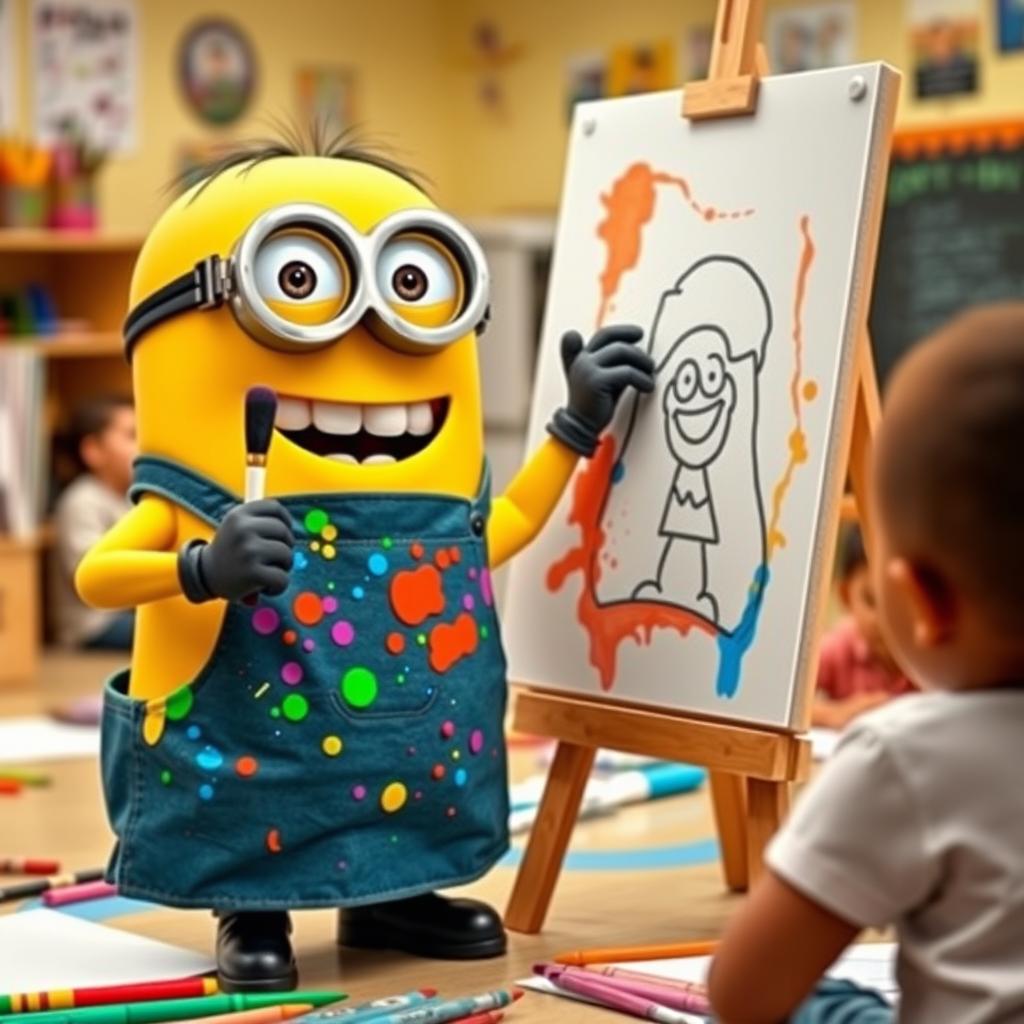 A cheerful Minion teacher enthusiastically leading an art class, demonstrating how to draw