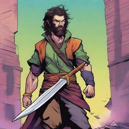 A comic-style digital art illustration features a goofy homeless vagrant fighter from a fantasy DnD setting