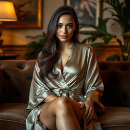 A sensual portrait of a confident woman, sitting gracefully on a plush velvet sofa