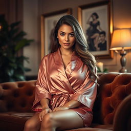 A sensual portrait of a confident woman, sitting gracefully on a plush velvet sofa