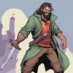 A comic-style digital art illustration features a goofy homeless vagrant fighter from a fantasy DnD setting