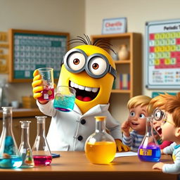 A joyful Minion teacher enthusiastically conducting a chemistry class