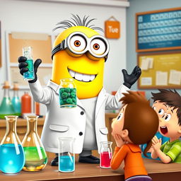 A joyful Minion teacher enthusiastically conducting a chemistry class