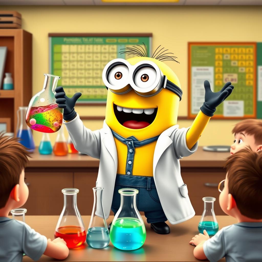 A joyful Minion teacher enthusiastically conducting a chemistry class