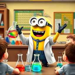 A joyful Minion teacher enthusiastically conducting a chemistry class