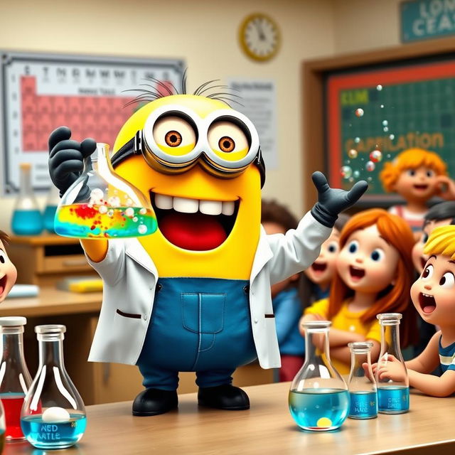 A joyful Minion teacher enthusiastically conducting a chemistry class