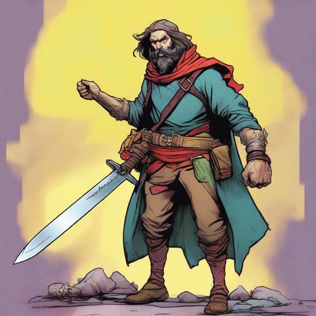 A comic-style digital art illustration features a goofy homeless vagrant fighter from a fantasy DnD setting