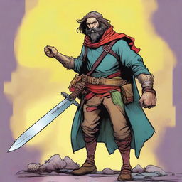 A comic-style digital art illustration features a goofy homeless vagrant fighter from a fantasy DnD setting