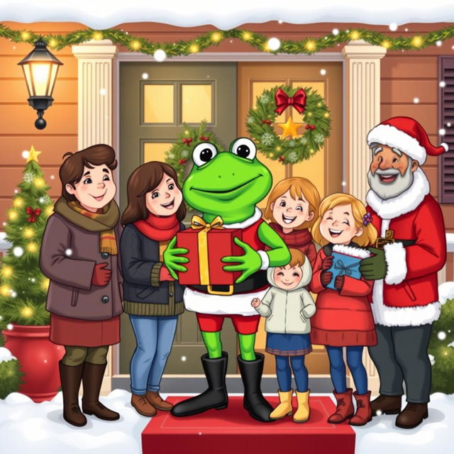 A joyful scene of a character resembling Pepe the Frog, dressed as Santa Claus, presenting gifts to a happy family standing in front of their house's door