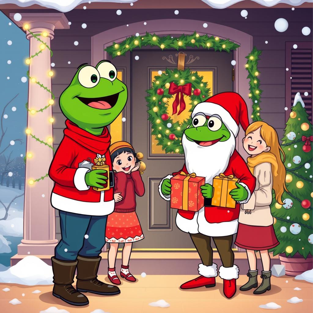 A joyful scene of a character resembling Pepe the Frog, dressed as Santa Claus, presenting gifts to a happy family standing in front of their house's door