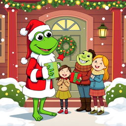 A joyful scene of a character resembling Pepe the Frog, dressed as Santa Claus, presenting gifts to a happy family standing in front of their house's door