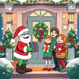 A joyful scene of a character resembling Pepe the Frog, dressed as Santa Claus, presenting gifts to a happy family standing in front of their house's door