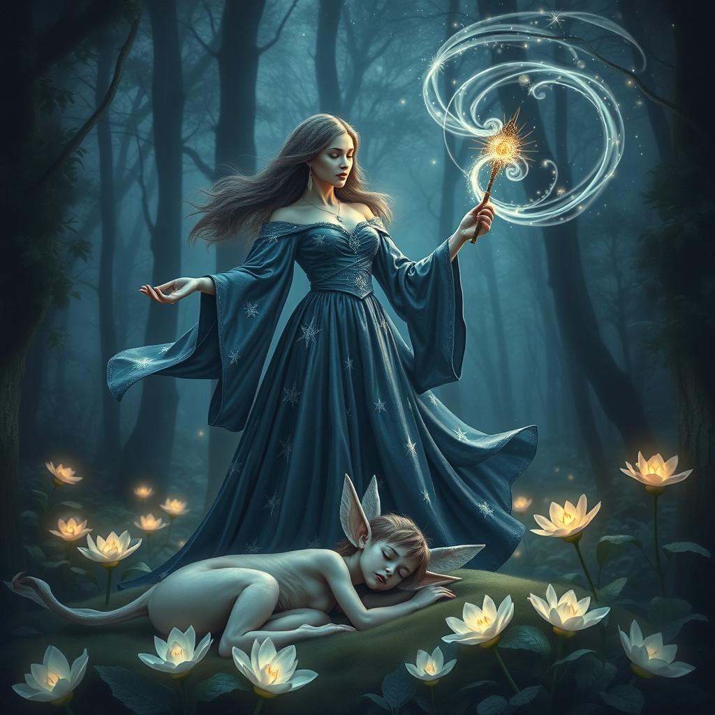 A mystical scene depicting a sorceress casting a powerful sleeping spell