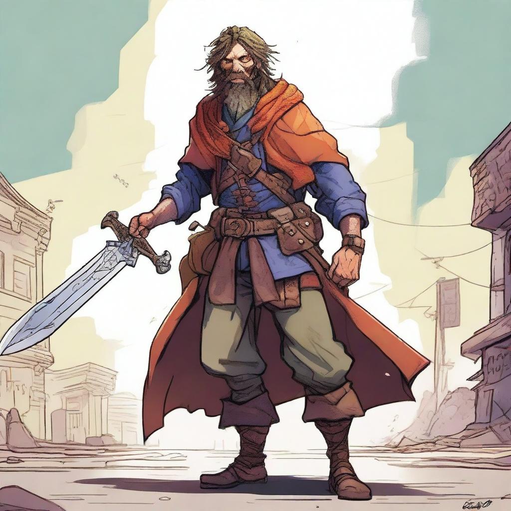 A digital art illustration showcases a goofy homeless vagrant fighter from a fantasy DnD setting