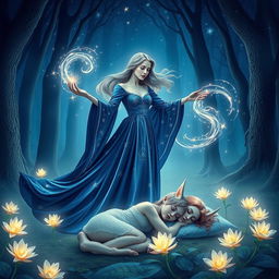 A mystical scene depicting a sorceress casting a powerful sleeping spell