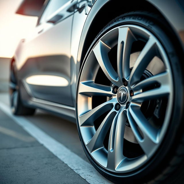 A stunning close-up shot of the wheels of a Tesla vehicle