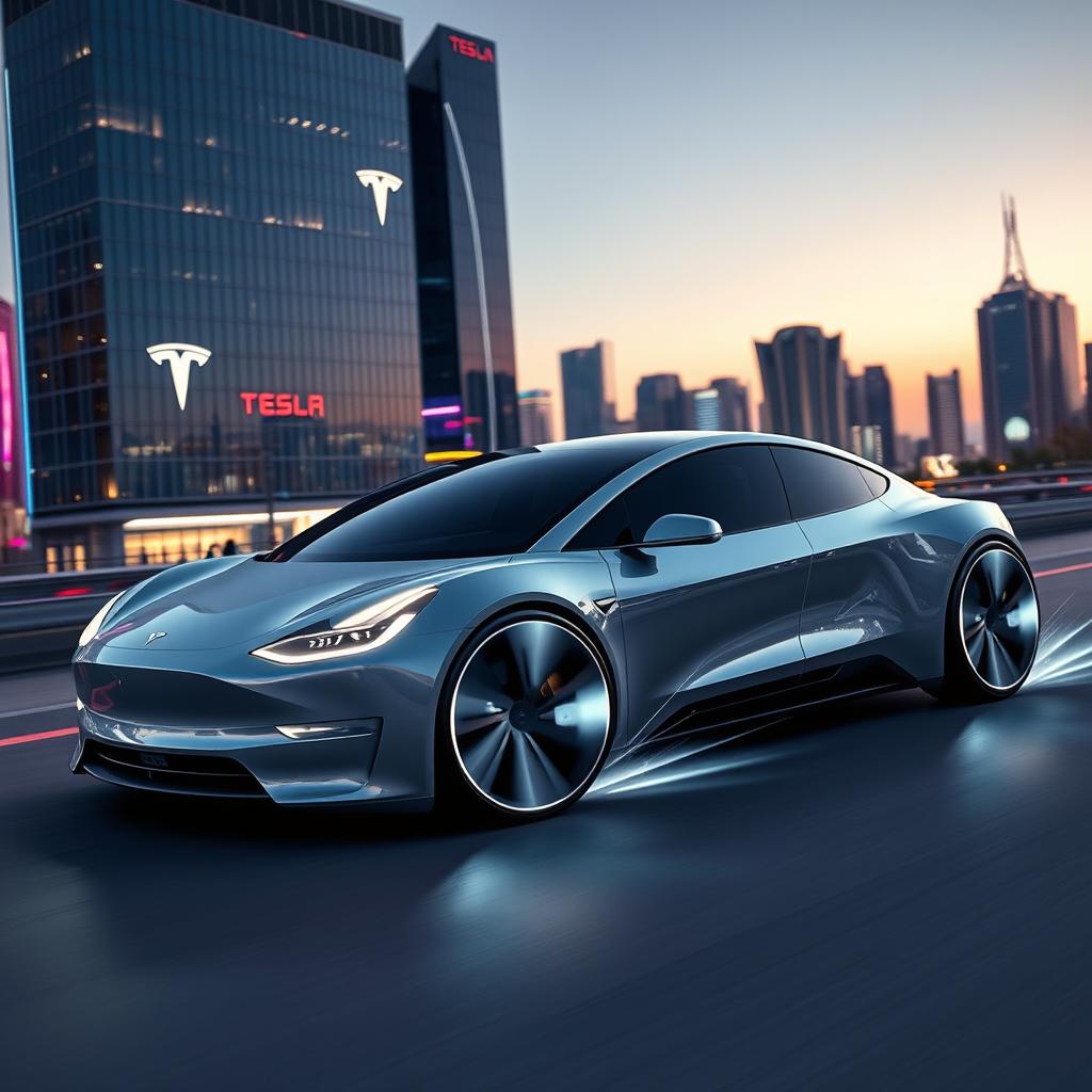 A futuristic Tesla car with sleek, aerodynamic design, showcasing a dynamic scene where the wheels are transforming or changing in a high-tech manner