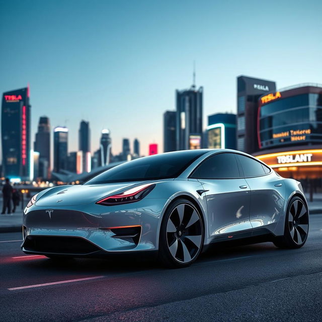 A futuristic Tesla car with sleek, aerodynamic design, showcasing a dynamic scene where the wheels are transforming or changing in a high-tech manner