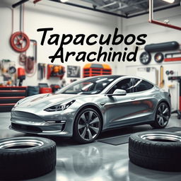 A scene featuring a Tesla car in a garage while changing its tires