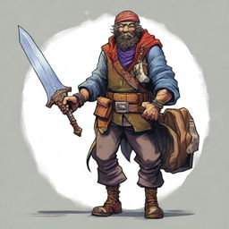 A digital art illustration showcases a goofy homeless vagrant fighter from a fantasy DnD setting