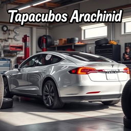 A scene featuring a Tesla car in a garage while changing its tires
