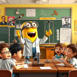 A lively Minion teacher passionately conducting a physics class, showcasing an exciting experiment