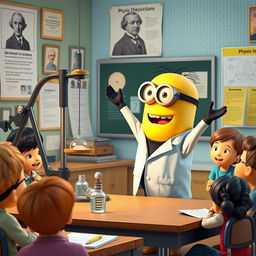 A lively Minion teacher passionately conducting a physics class, showcasing an exciting experiment