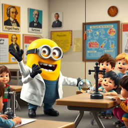 A lively Minion teacher passionately conducting a physics class, showcasing an exciting experiment