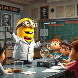 A lively Minion teacher passionately conducting a physics class, showcasing an exciting experiment
