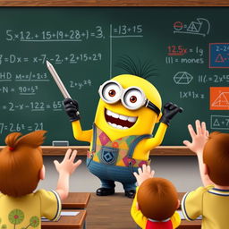 A cheerful Minion teacher energetically teaching a math class