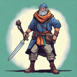 A digital art illustration showcases a goofy homeless vagrant fighter from a fantasy DnD setting