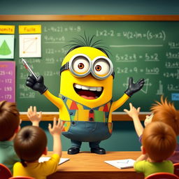 A cheerful Minion teacher energetically teaching a math class