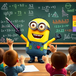 A cheerful Minion teacher energetically teaching a math class